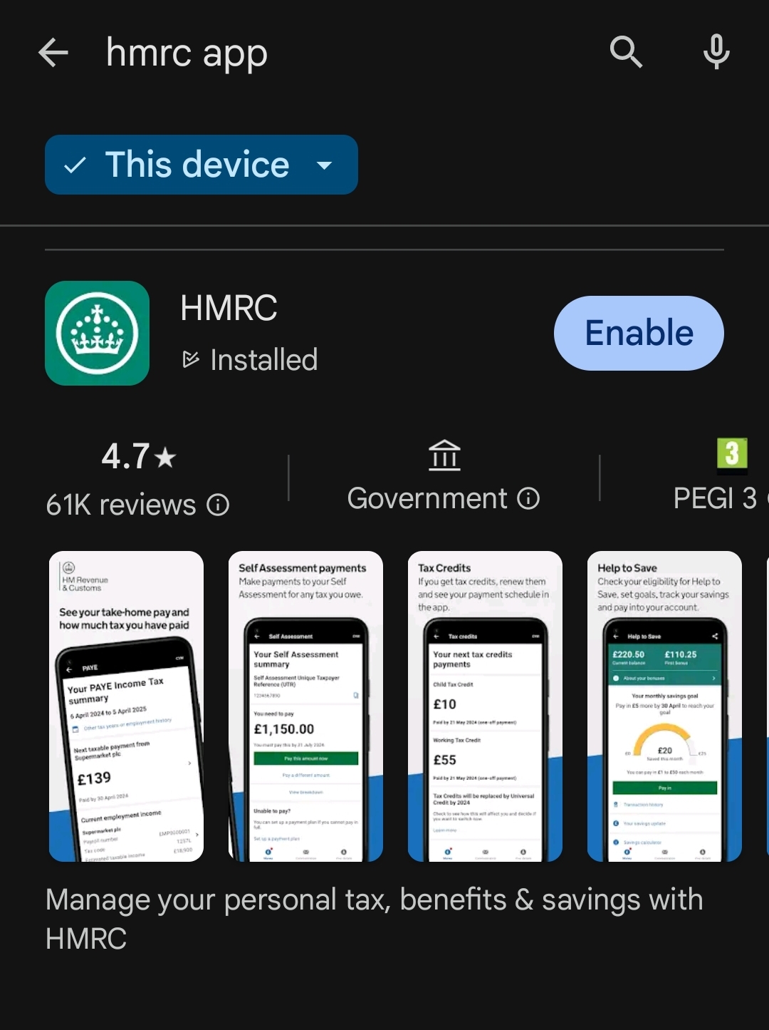 HMRC's Mobile App looks like this